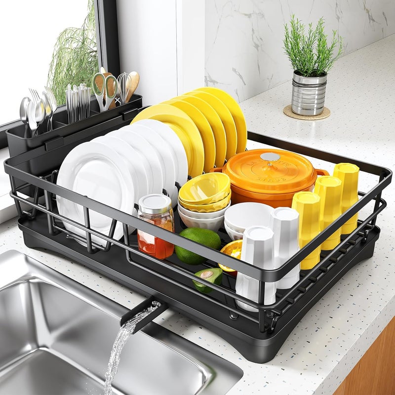 SNTD Dish Drying Rack for Kitchen Counter - Large Dish Rack with Drainboard, Rustproof Dish Drainer with Utensil Holder for Sink, Black - Image 1